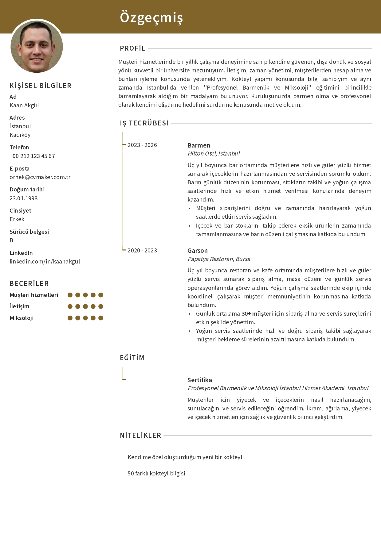 Barmenler için örnek CV Barmenler için örnek CV