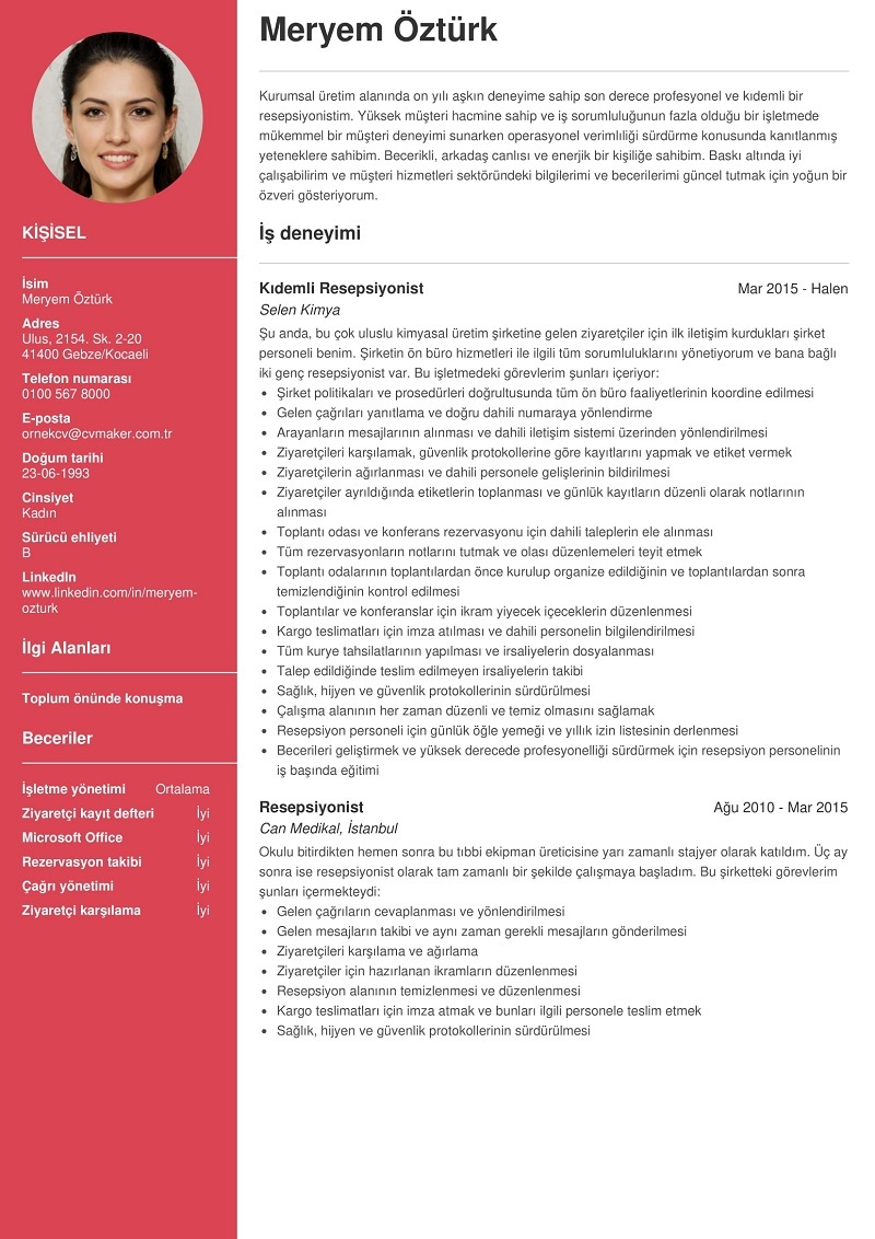 Resepsiyonist CV Örneği