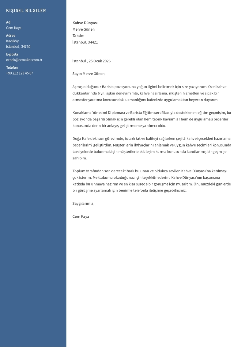 Barista İçin Ön Yazı Örneği