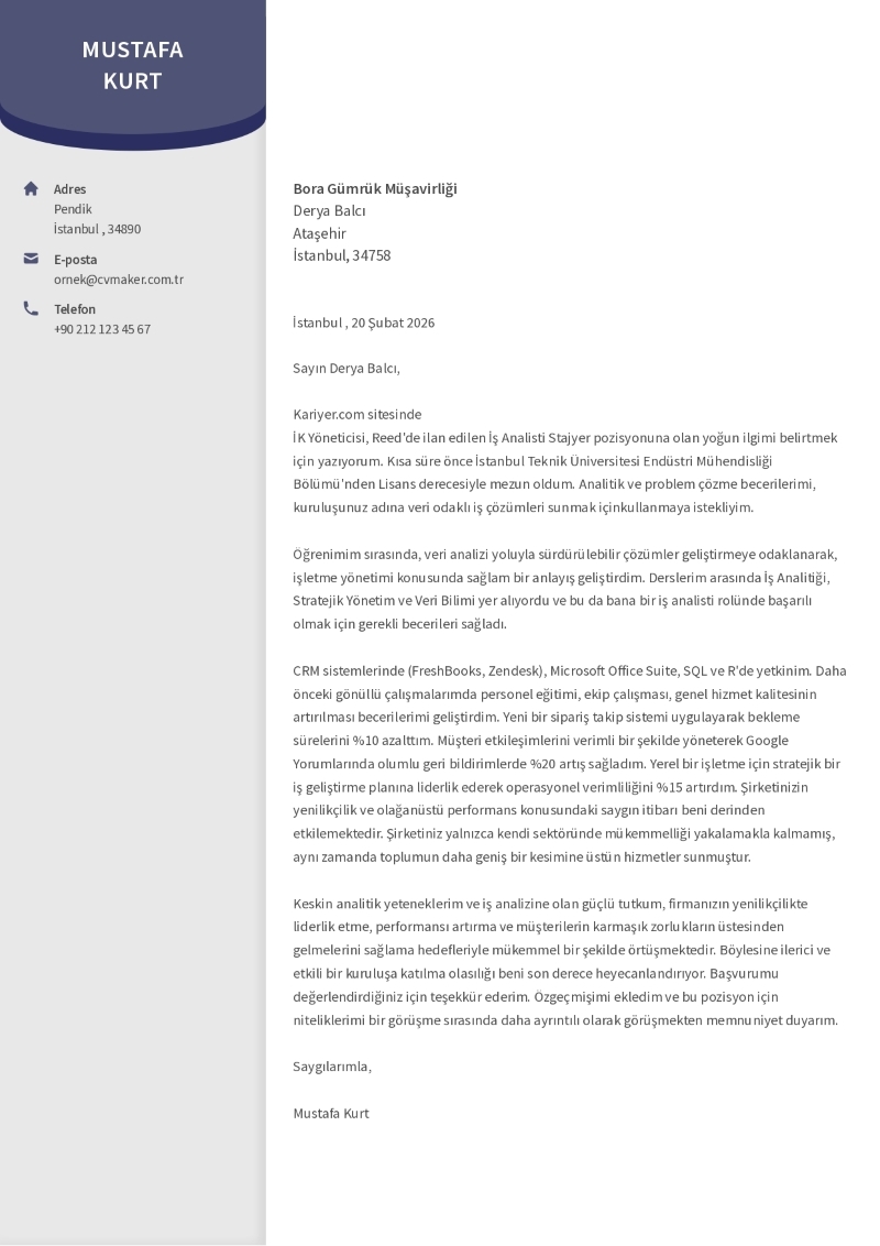 Stajyer Ön Yazı Örneği