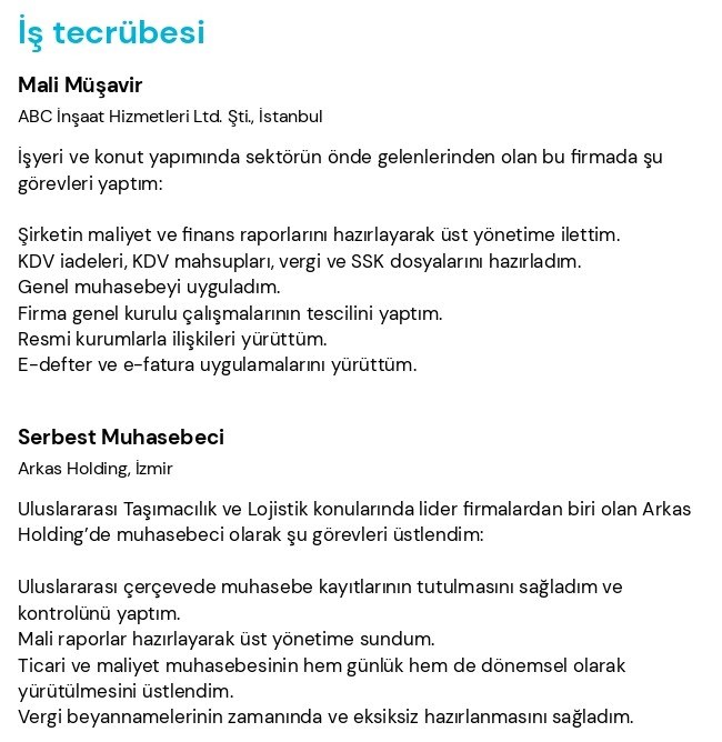 Muhasebeci CV’si İş Deneyimi Muhasebeci CV’si İş Deneyimi