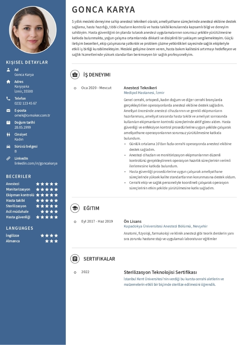 Anestezi Teknikeri CV Örneği
