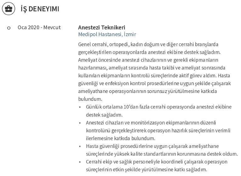 Anestezi Teknikeri CV İş Deneyimi Anestezi Teknikeri CV İş Deneyimi