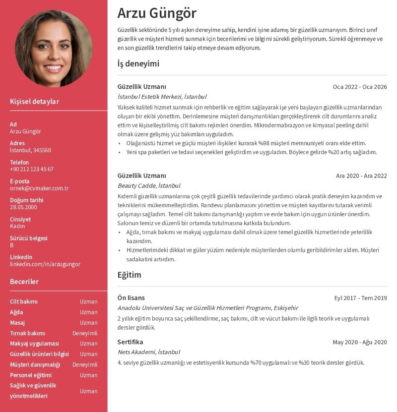 Güzellik Uzmanı CV Örneği