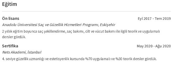 Güzellik Uzmanı CV’si Eğitim