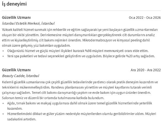 Güzellik Uzmanı CV’si İş Deneyimi