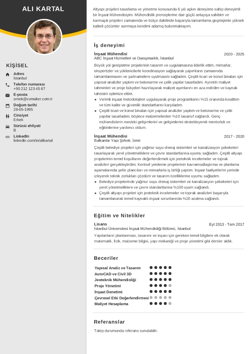 İnşaat Mühendisi CV Örneği