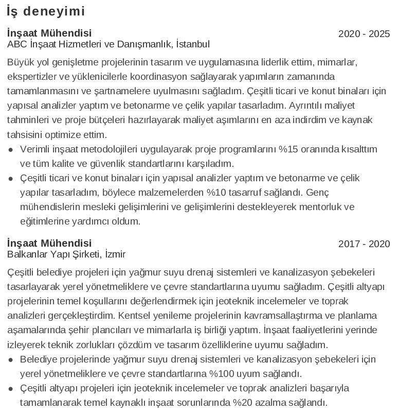 İnşaat Mühendisi CV’si İş Deneyimleri