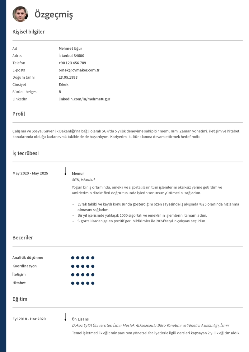 Memur CV Örneği