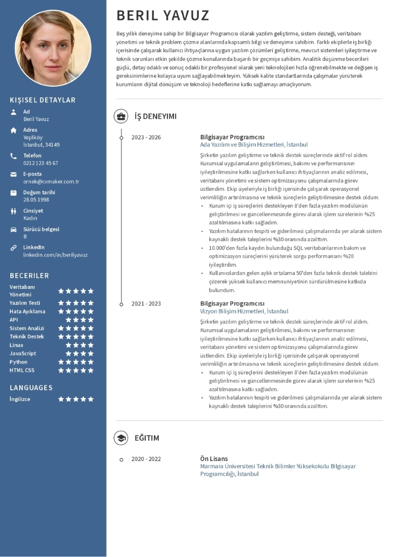 Bilgisayar Programcılığı CV Örneği