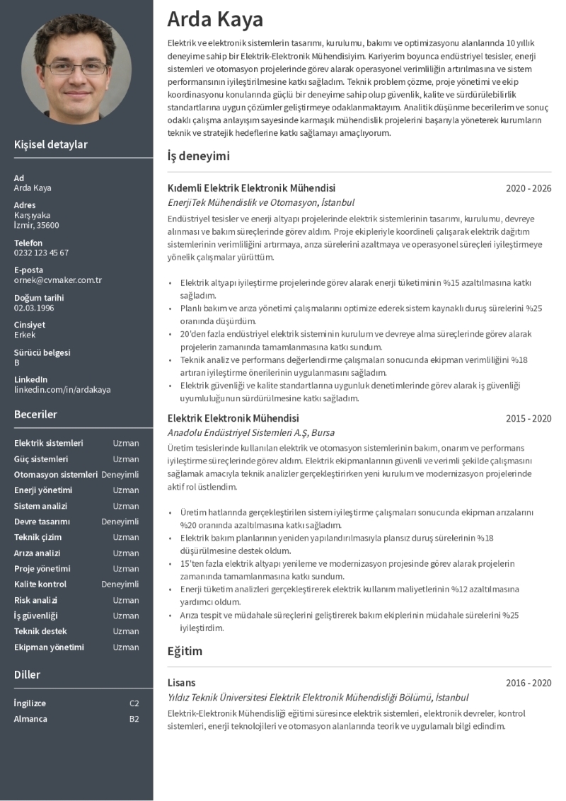 Elektrik Elektronik Mühendisi CV Örneği