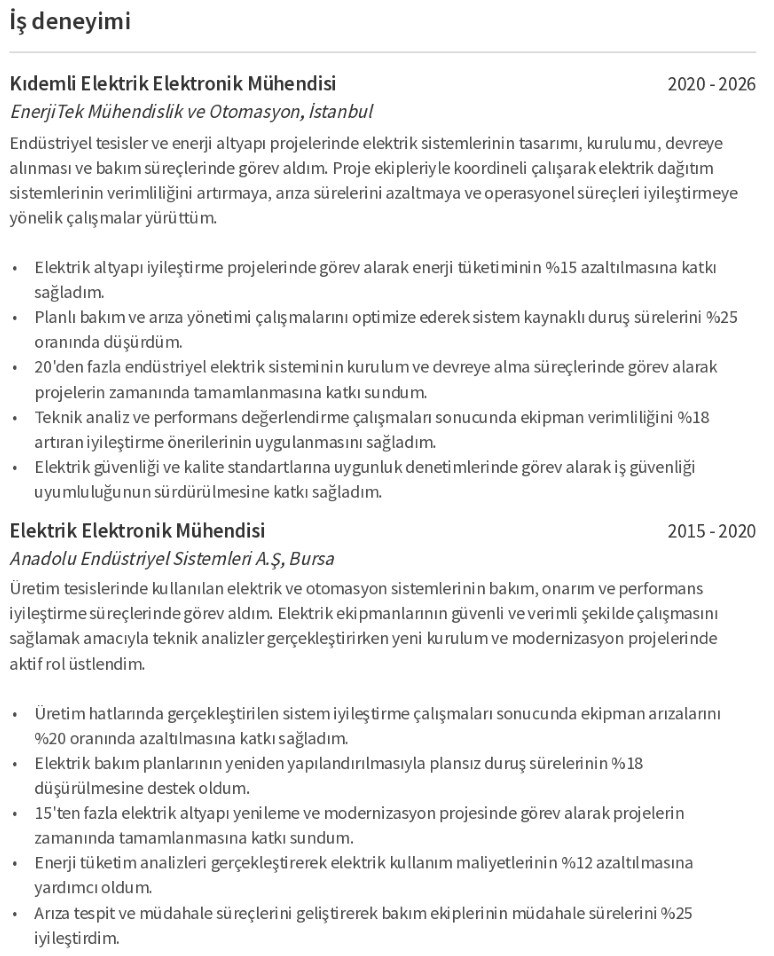 Elektrik elektronik mühendisi CV iş deneyimi Elektrik elektronik mühendisi CV iş deneyimi