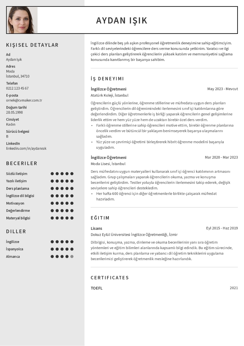 İngilizce Öğretmeni CV Örneği