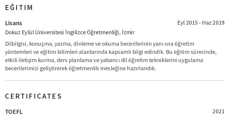 İngilizce Öğretmeni CV Eğitim İngilizce Öğretmeni CV Eğitim