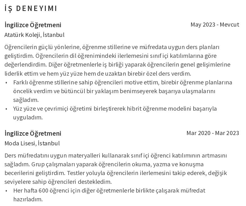 İngilizce Öğretmeni CV İş Deneyimi İngilizce Öğretmeni CV İş Deneyimi
