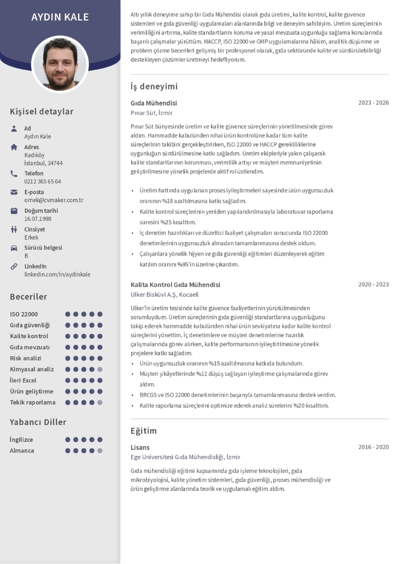 Gıda Mühendisi CV Örneği