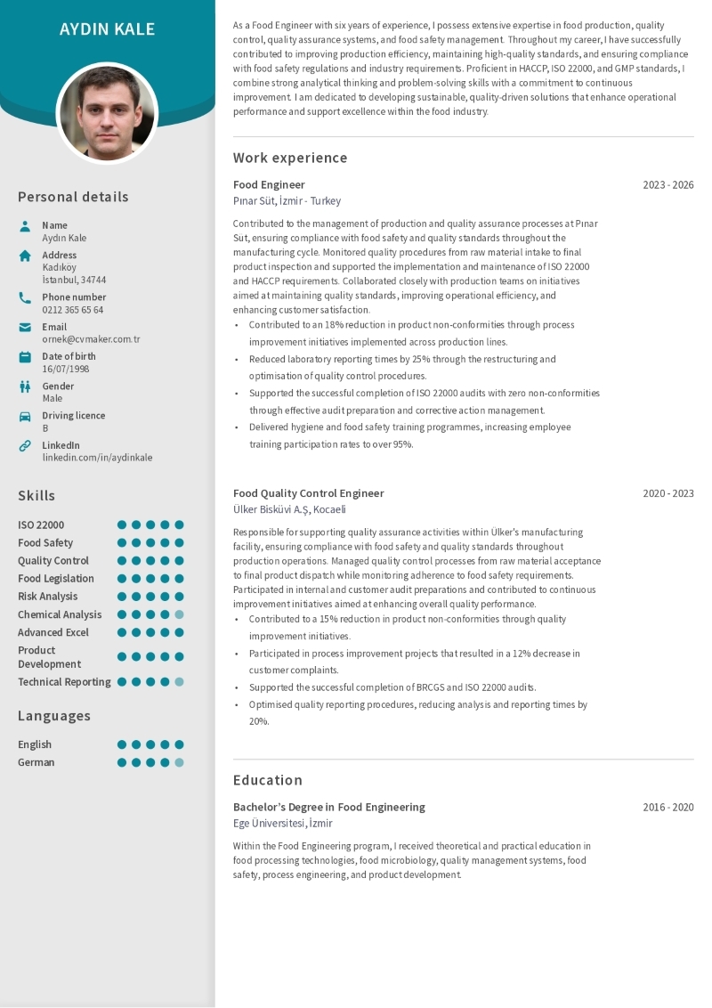Gıda Mühendisi İngilizce CV Örneği