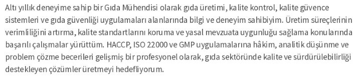 Gıda Mühendisi CV profil özeti