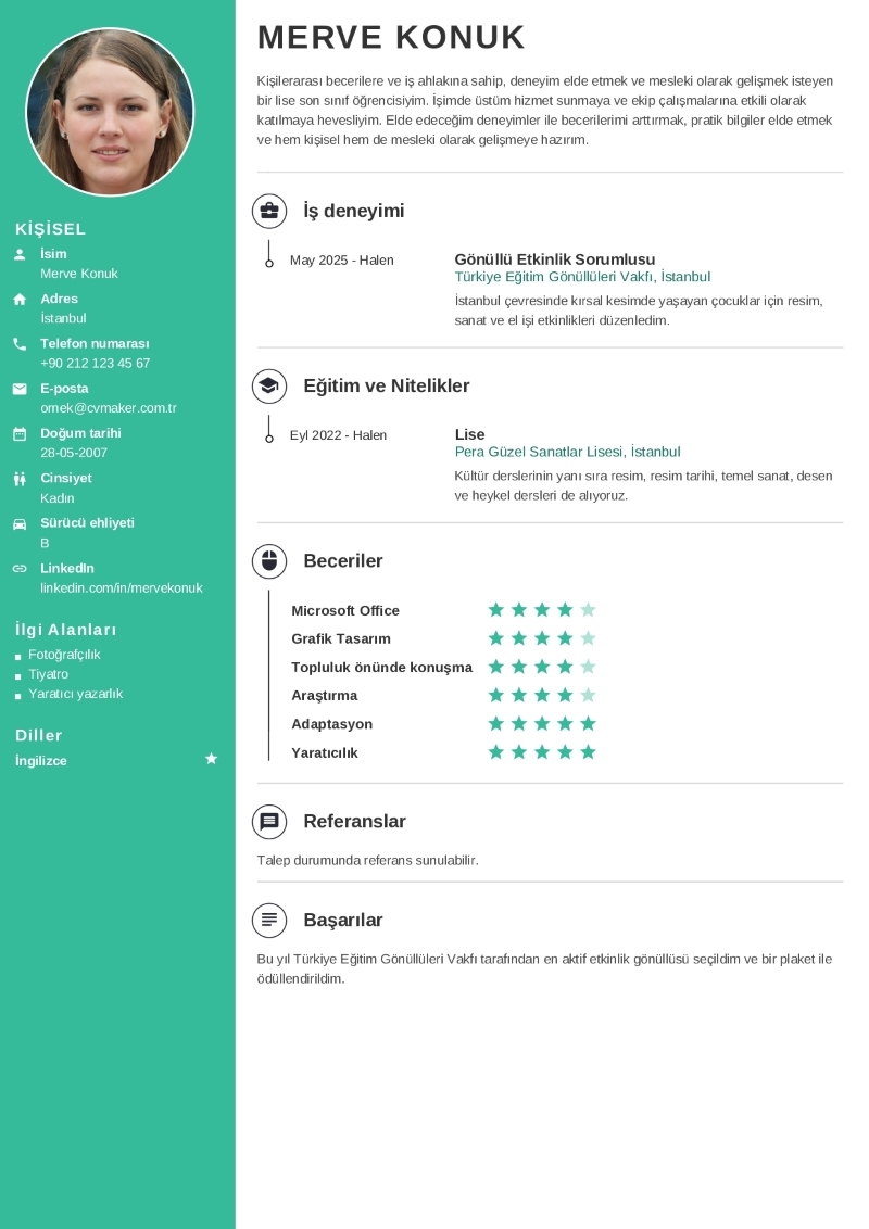 Lise Öğrencisi CV Örneği