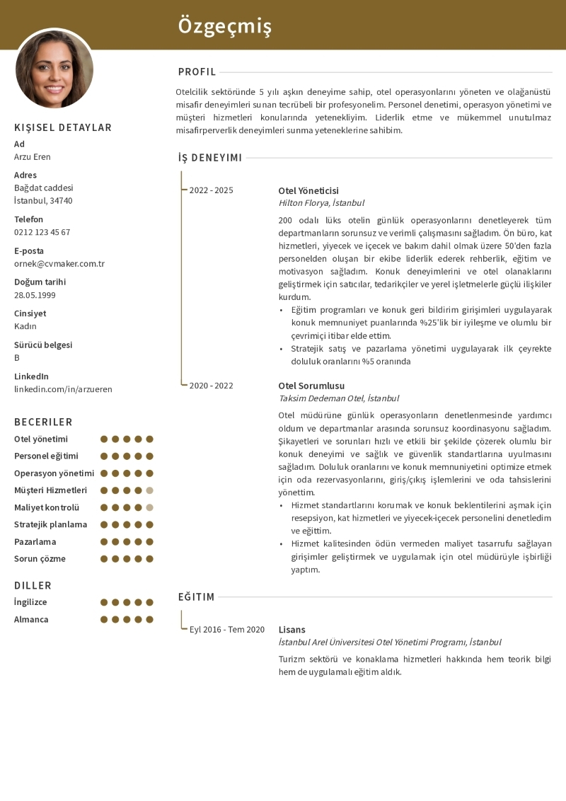 Konaklama Sektörü İçin CV Örneği