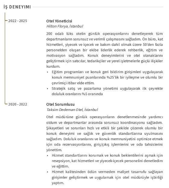 Konaklama Sektörü CV’si İş deneyimi Konaklama Sektörü CV’si İş deneyimi