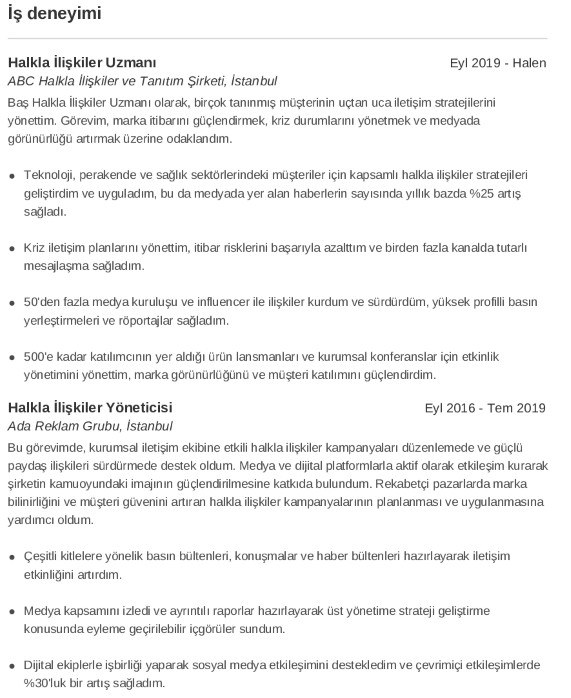 Halkla İlişkiler CV’si İş Deneyimi