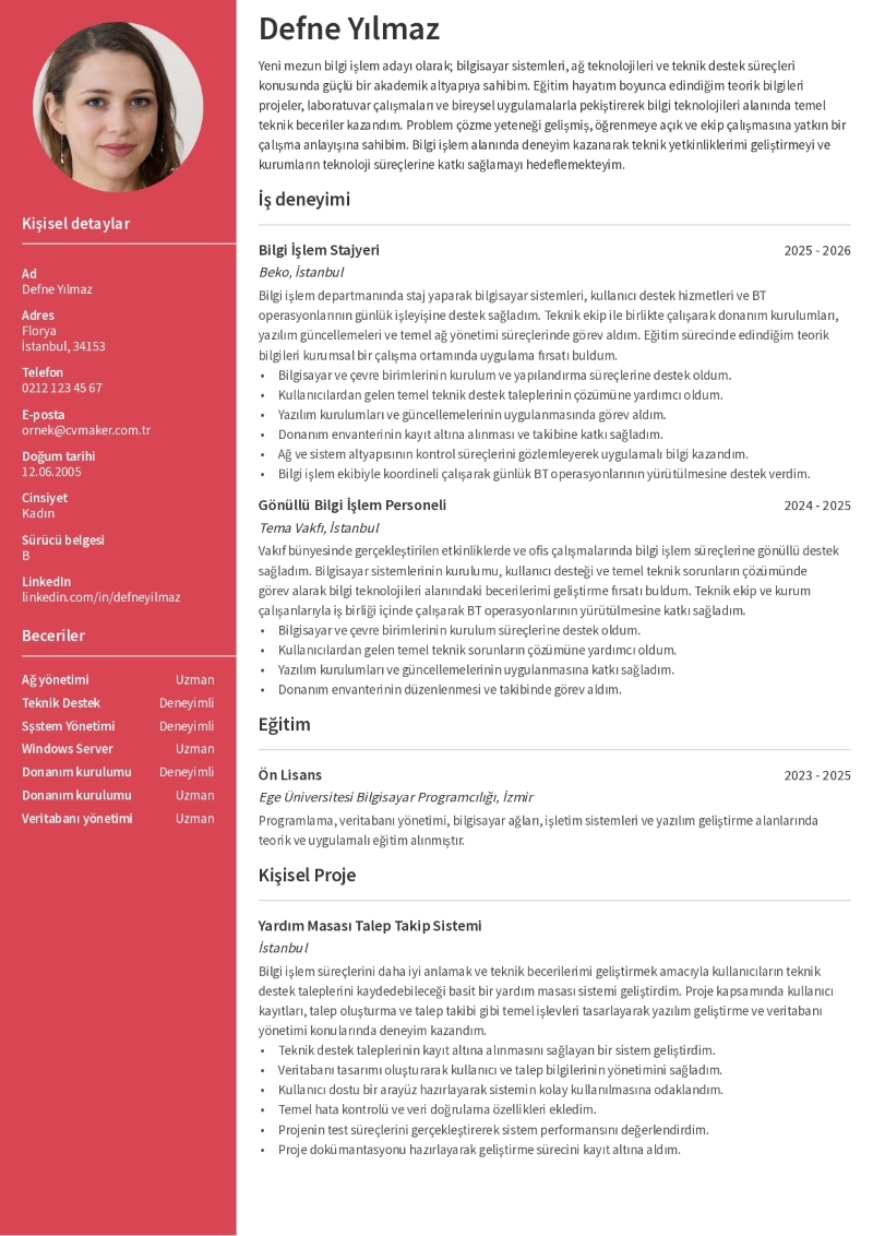 Deneyimsiz Bilgi İşlem CV Örneği