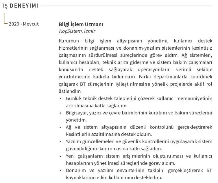 Bilgi İşlem CV İş Deneyimi Bilgi İşlem CV İş Deneyimi