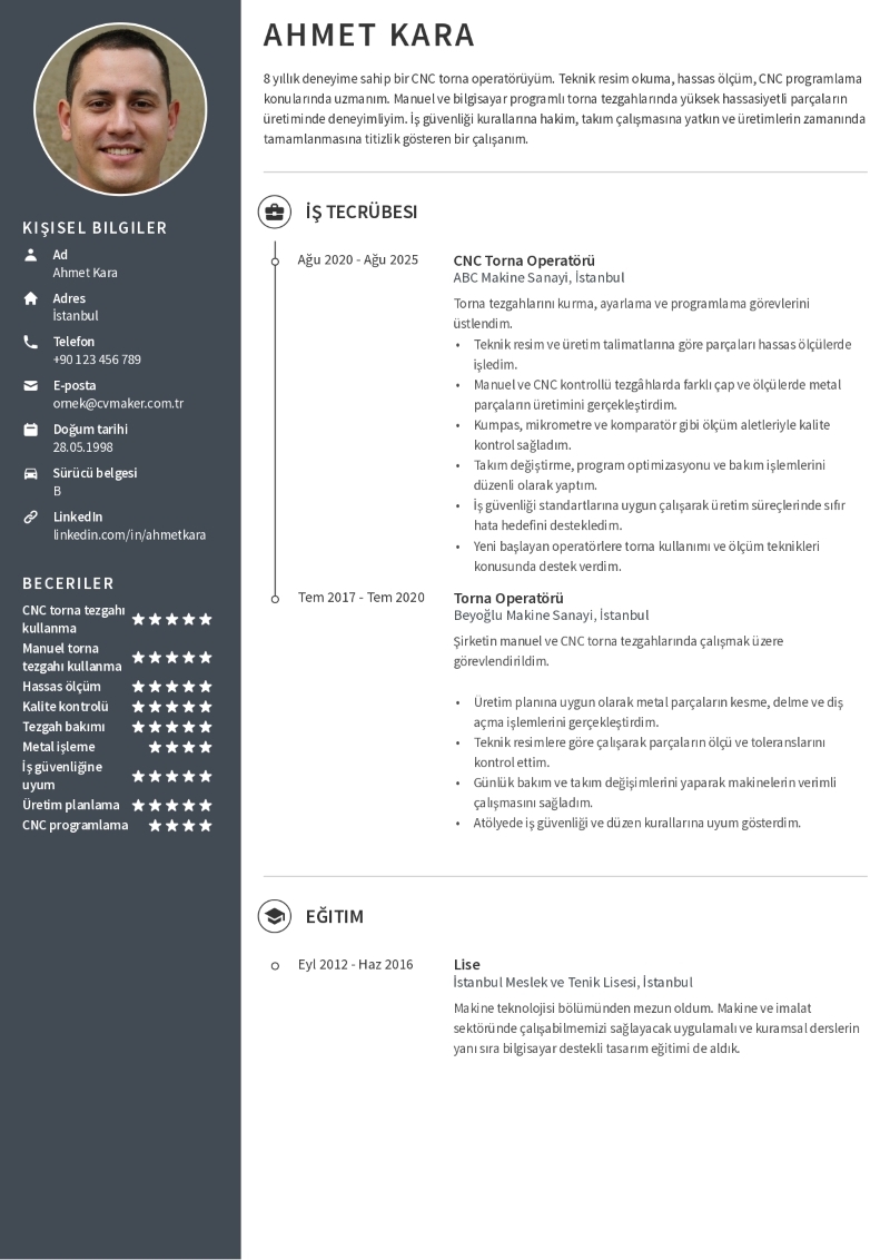 Torna Operatörü CV Örneği