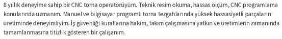 Torna Operatörü CV’si Kişisel Profil
