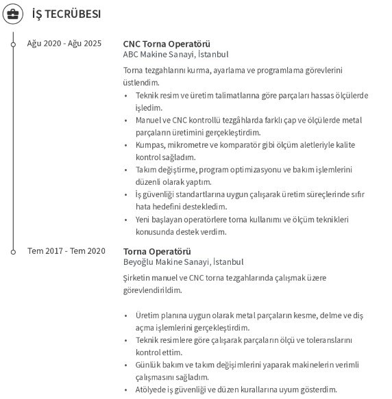 Torna Operatörü CV’si İş Deneyimi