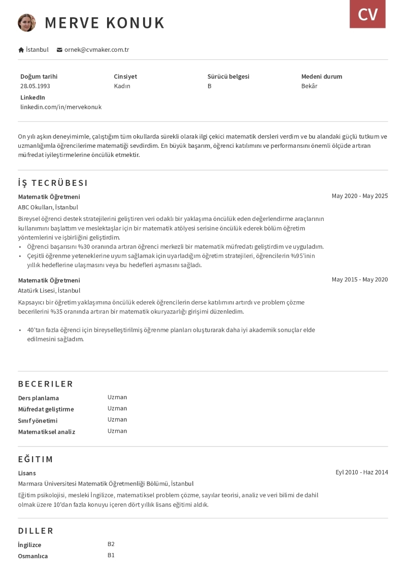 Matematik Öğretmeni CV Örneği