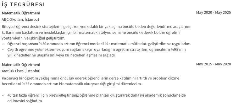 Matematik Öğretmeni CV'si İş Deneyimi