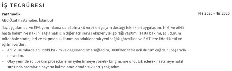 Paramedik CV'si İş Deneyimi