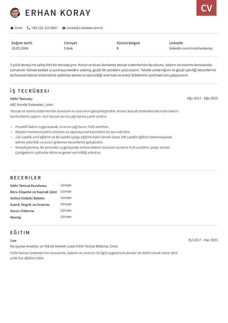 Sıhhi Tesisatçı CV Örneği