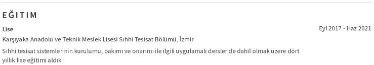Sıhhi Tesisatçı CV’si Eğitim