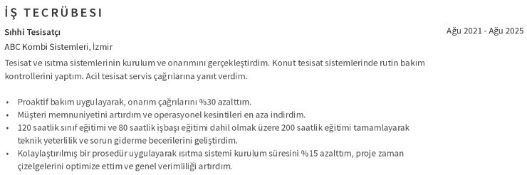 Sıhhi Tesisatçı CV’si İş Deneyimi
