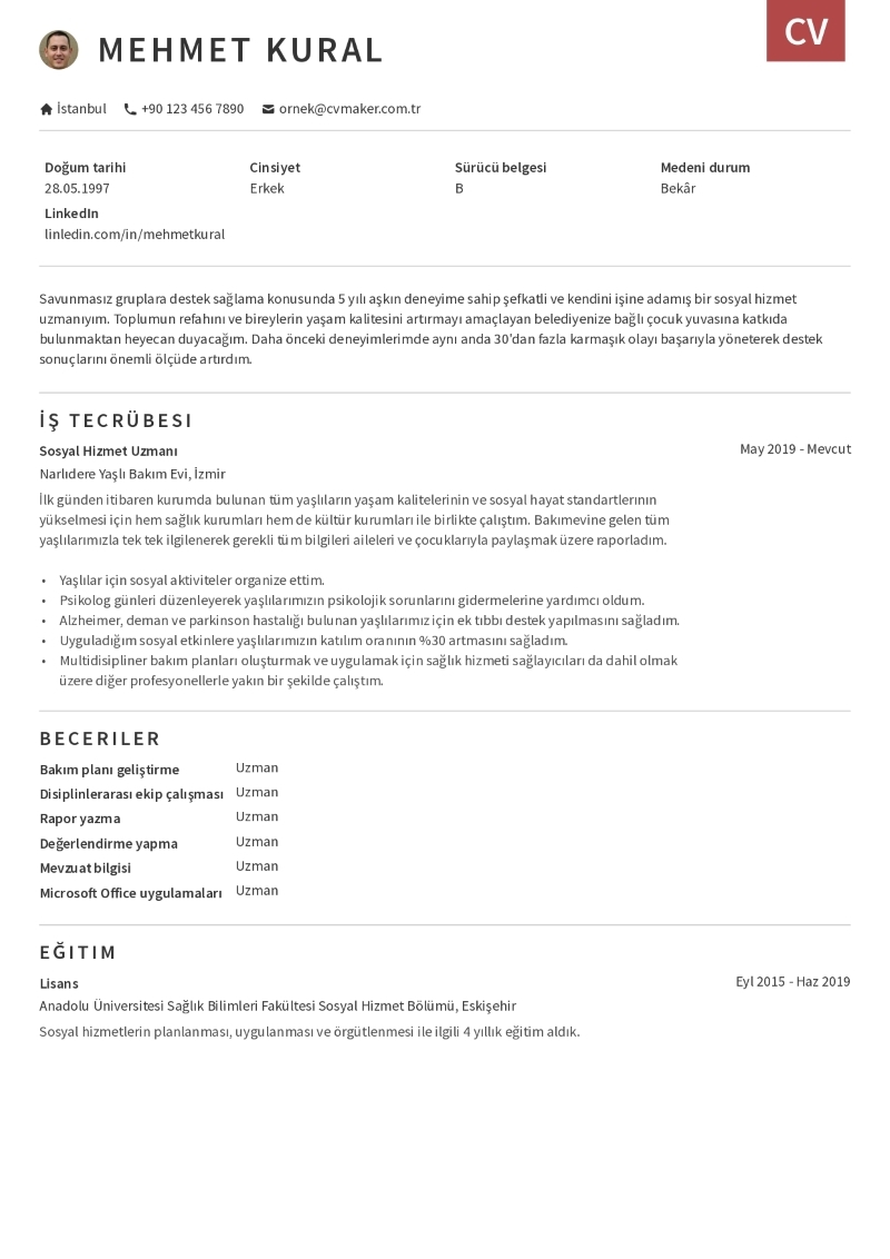 Sosyal Hizmet CV Örneği