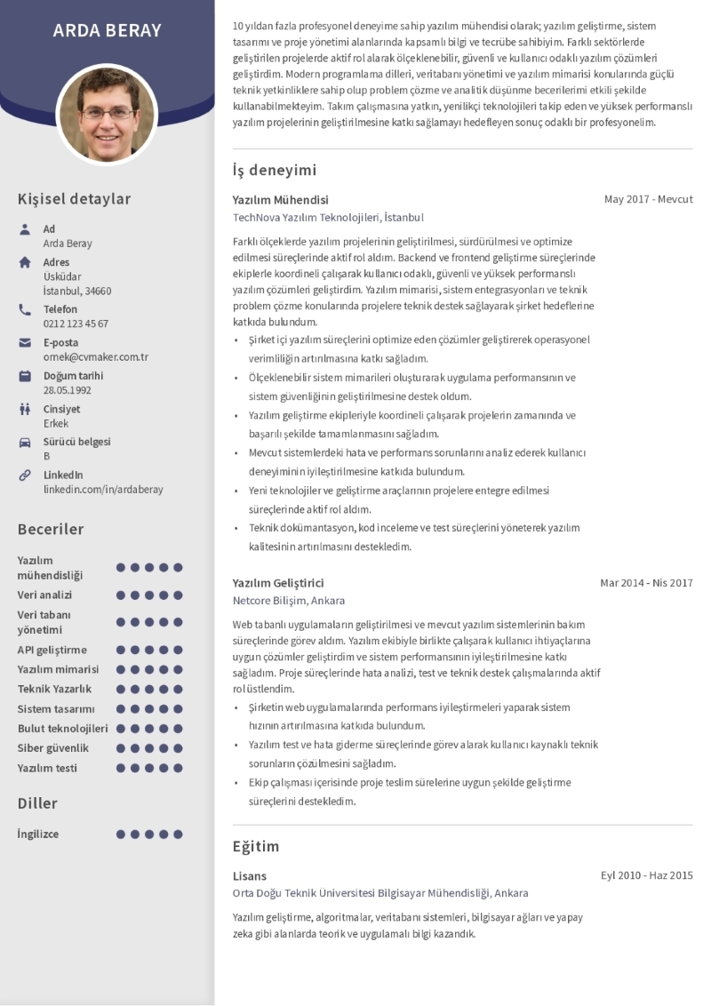 Yazılım Mühendisi CV Örneği