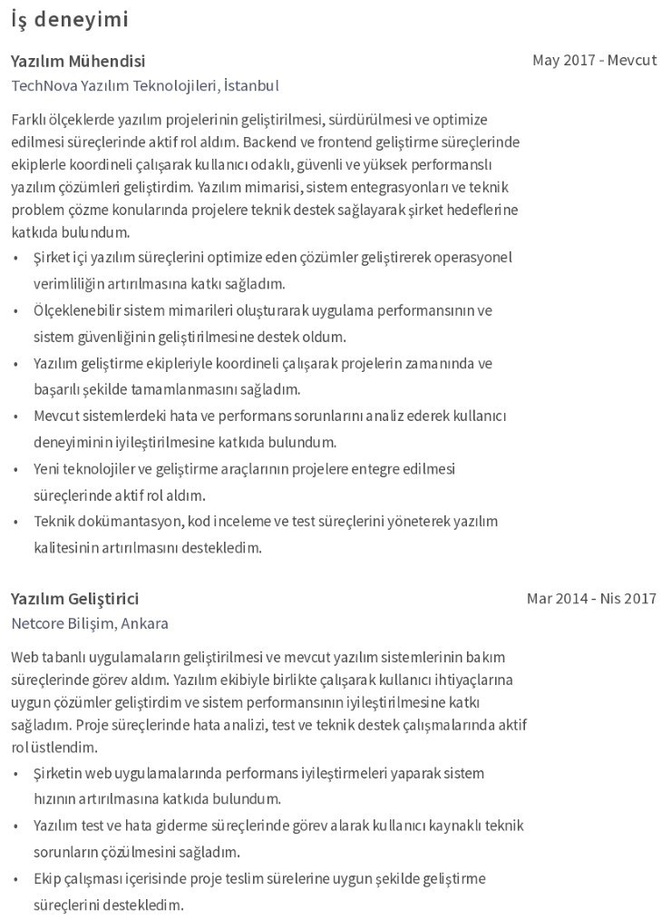 Yazılım Mühendisi CV İş Deneyimi Yazılım Mühendisi CV İş Deneyimi
