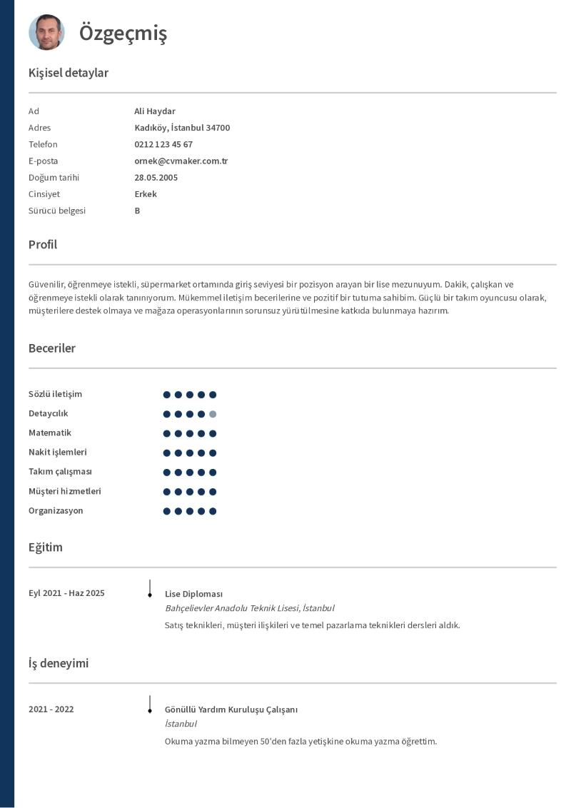 Deneyimsiz Süpermarket CV Örneği