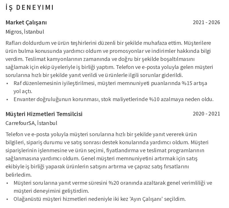 süpermarket özgeçmişi İş Deneyimi