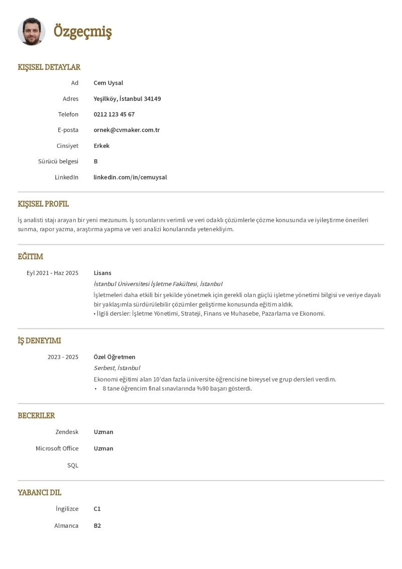 Staj CV Örneği