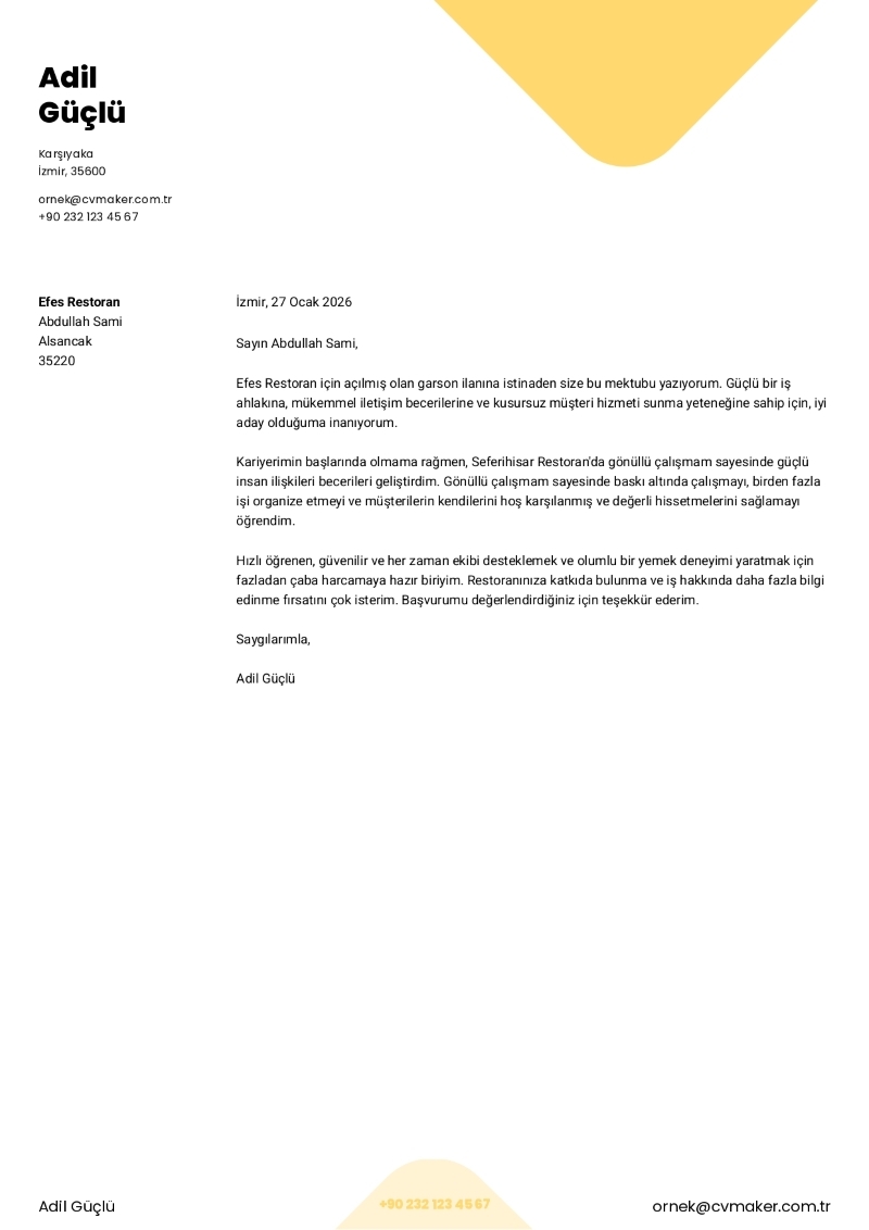 Barista İçin Ön Yazı Örneği