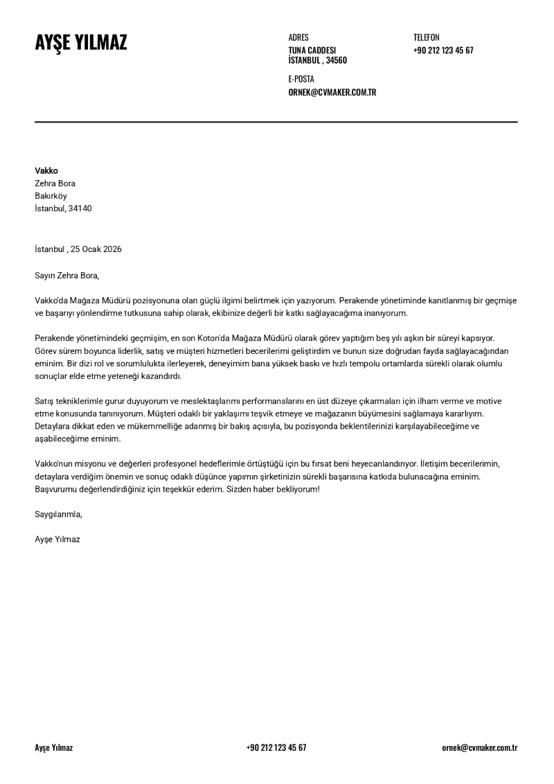 Barista İçin Ön Yazı Örneği