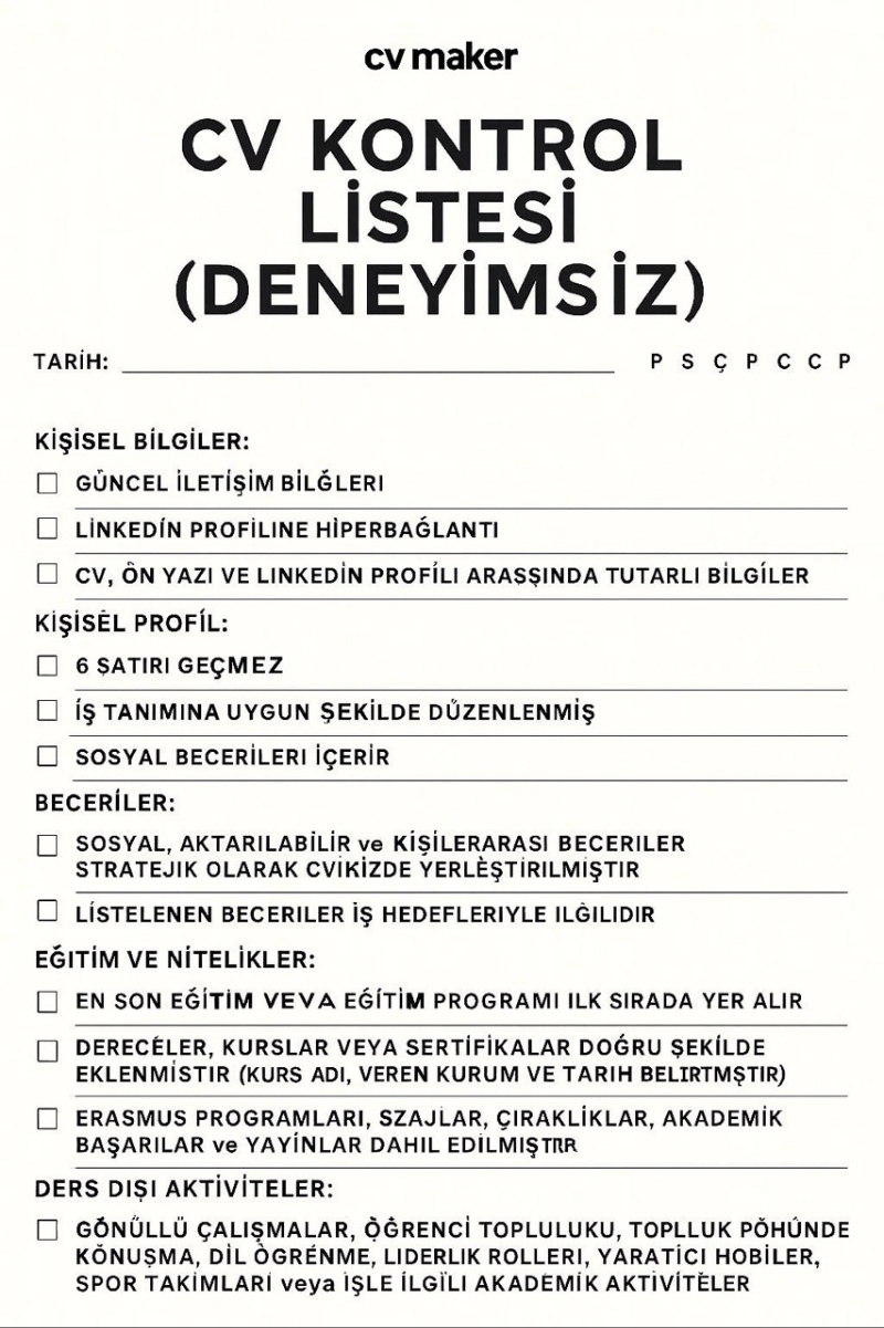 özgeçmiş kontrol listesi deneyimsiz