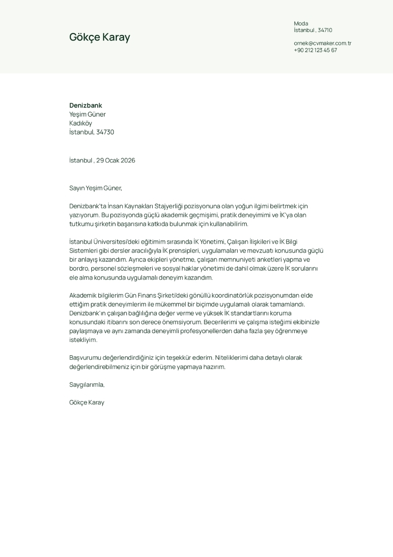 Barista İçin Ön Yazı Örneği